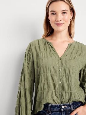 Two Old Navy Lightweight Button-Down Smocked Top 1) Olive & 1) Pink Women Medium